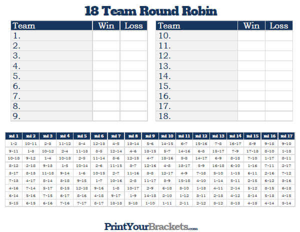 18 Team Round Robin Printable Tournament Bracket